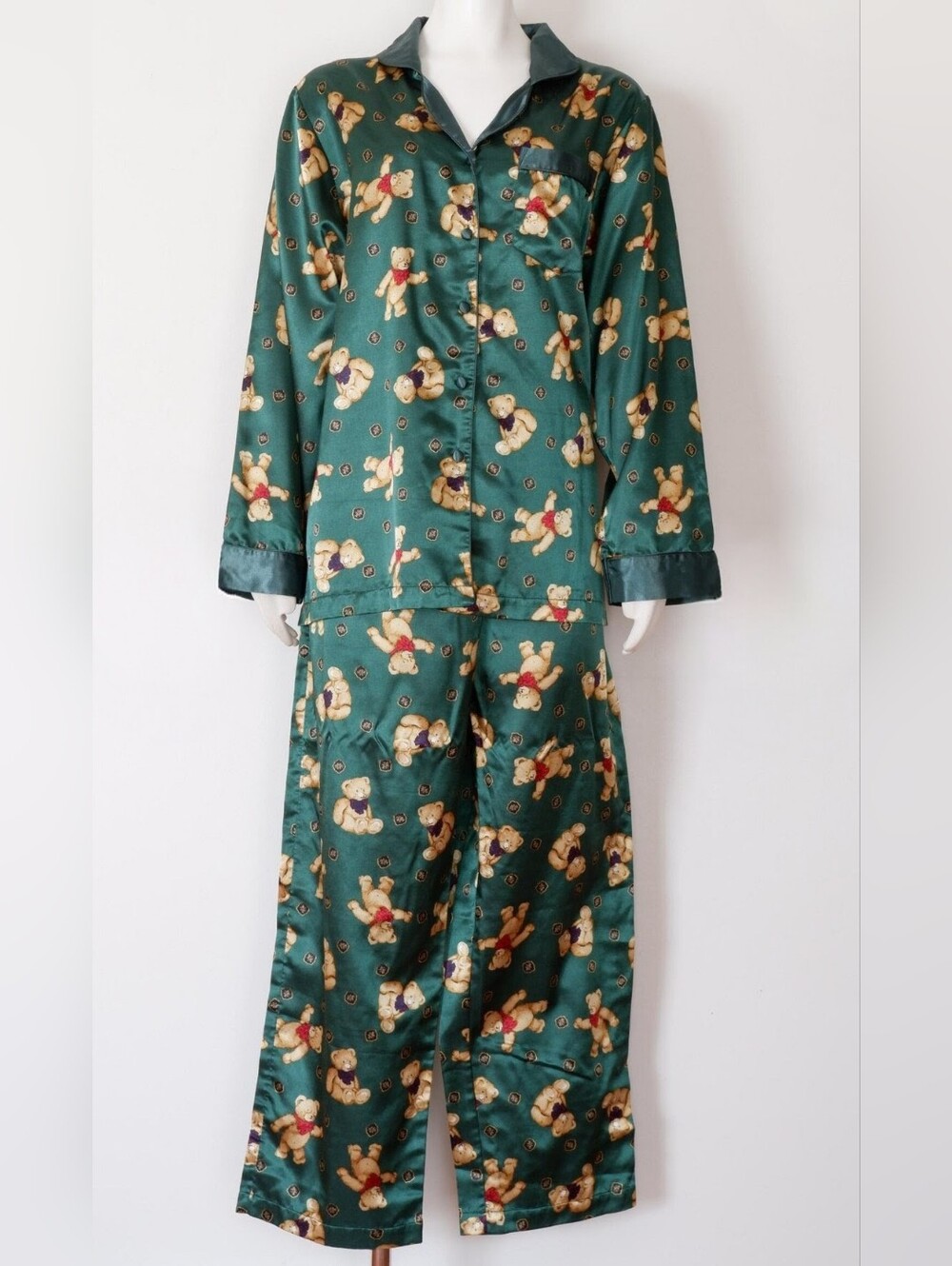 Vintage 90's Teddy Bear Pajama Set Silky Green Sleep Pants and Button Up Shirt L
